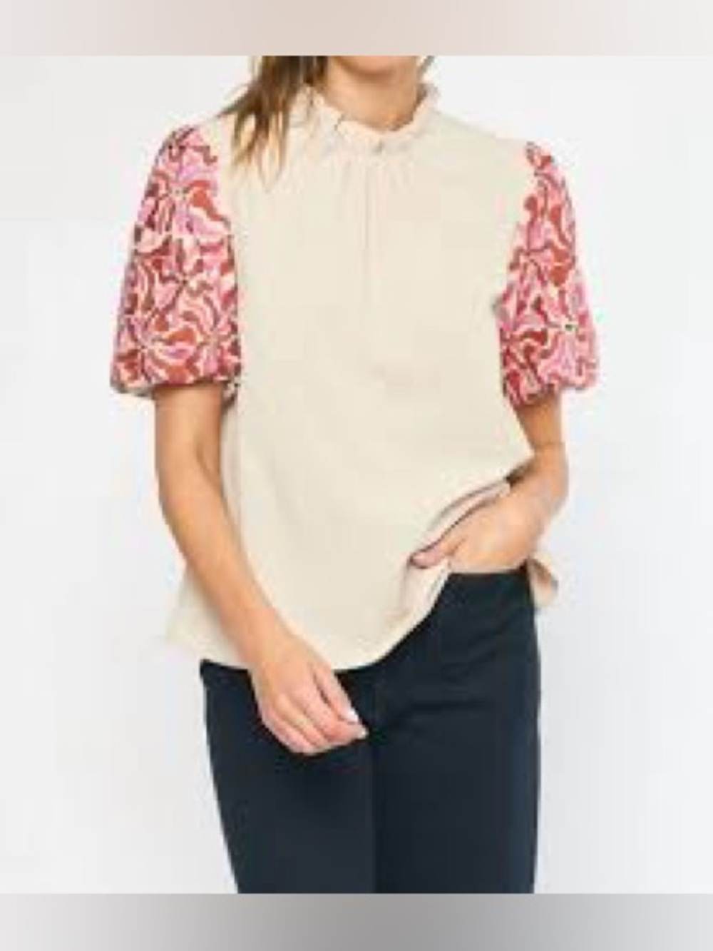 entro Floral Embroidered Bubble/Puff Sleeve Blouse S Beige Bohemian Cottagecore